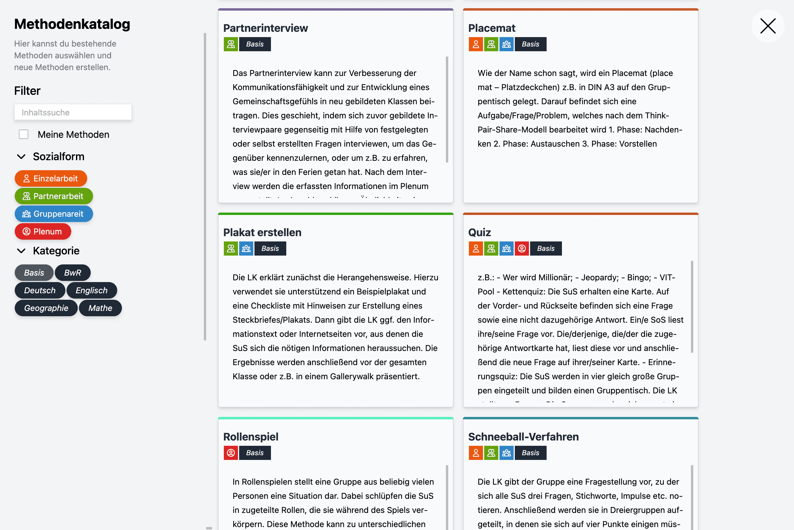 Screenshot vom Methodenkatalog